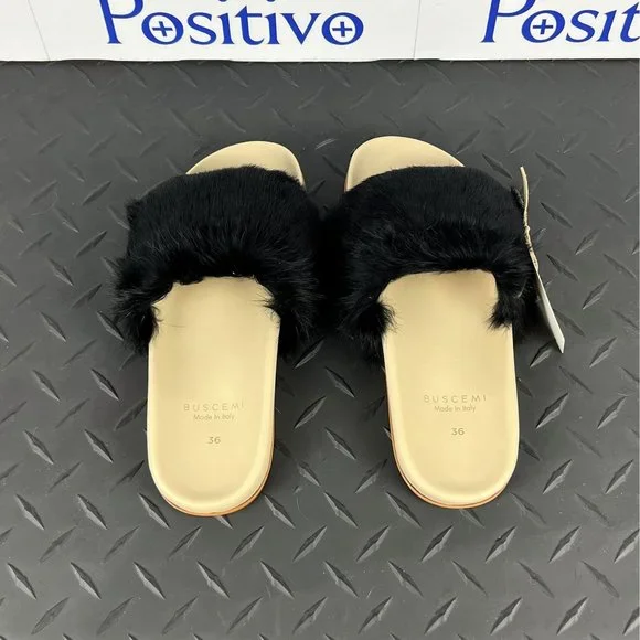 Buscemi Slide Fur Clot Black Leather Slippers US 8 EU 38 - Picture 3 of 6